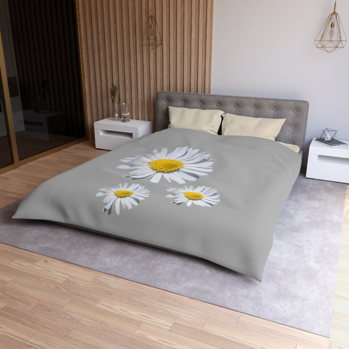 Microfiber Duvet Cover Light Grey with White Daisies - AdeleEmbroidery