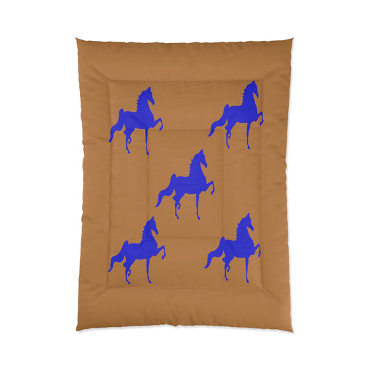 Comforter Tan/Brown with Blue Saddlebred Print - AdeleEmbroidery
