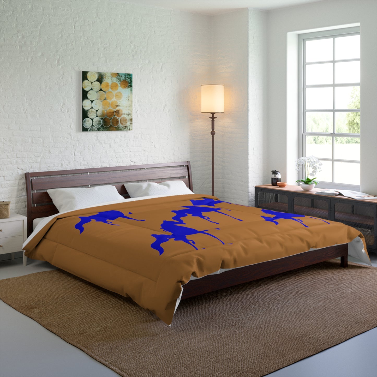 Comforter Tan/Brown with Blue Saddlebred Print - AdeleEmbroidery