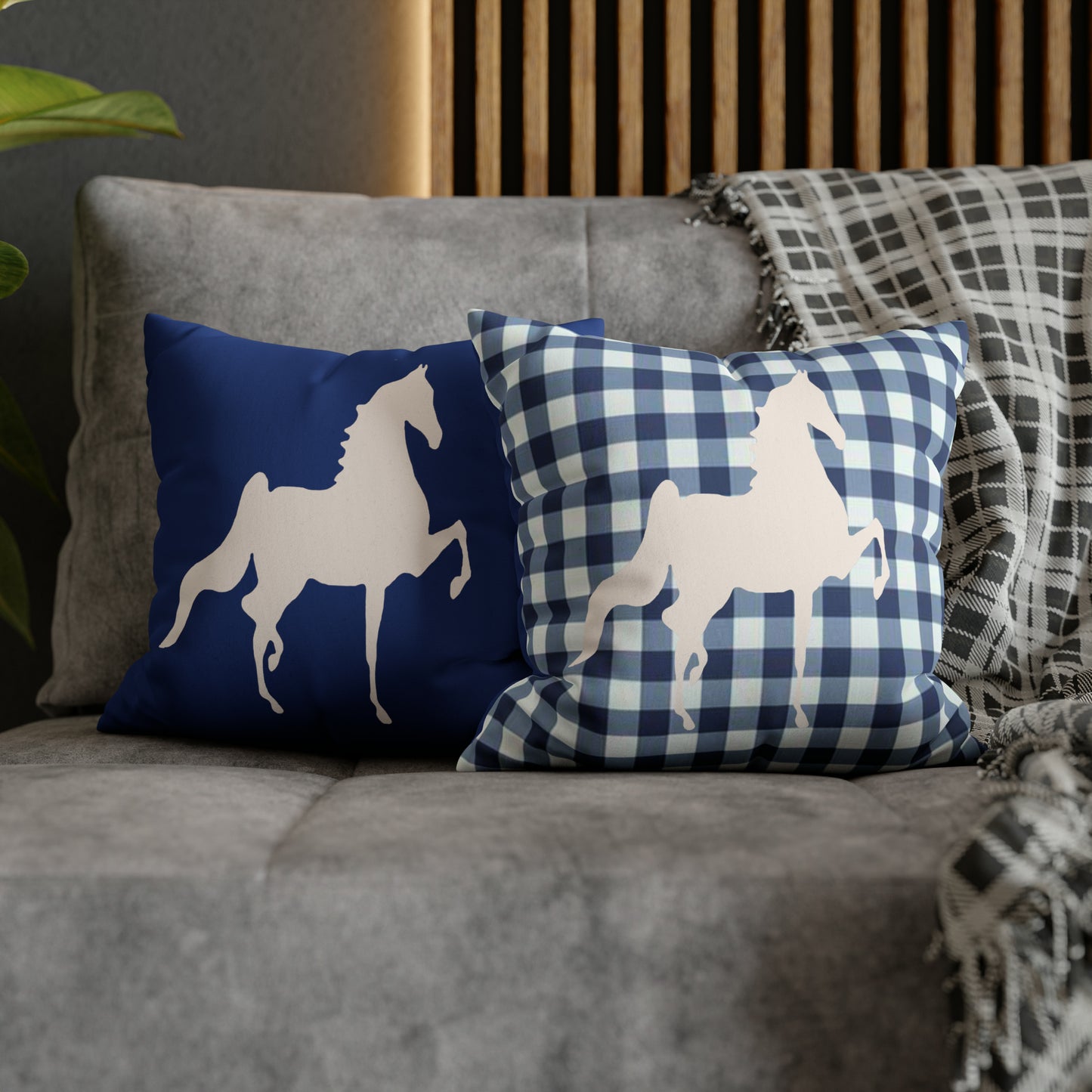 Faux Suede Square Pillow Case Blue and White Plaid Saddlebred Print - AdeleEmbroidery