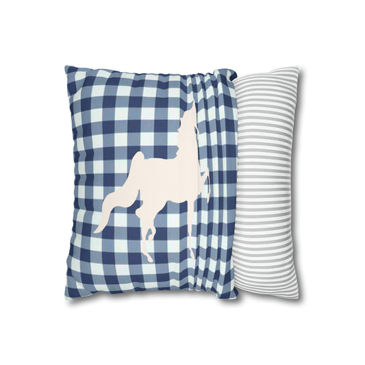 Faux Suede Square Pillow Case Blue and White Plaid Saddlebred Print - AdeleEmbroidery