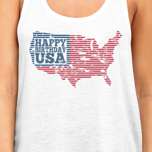Happy Birthday USA Womens White Sleeveless Tank - AdeleEmbroidery