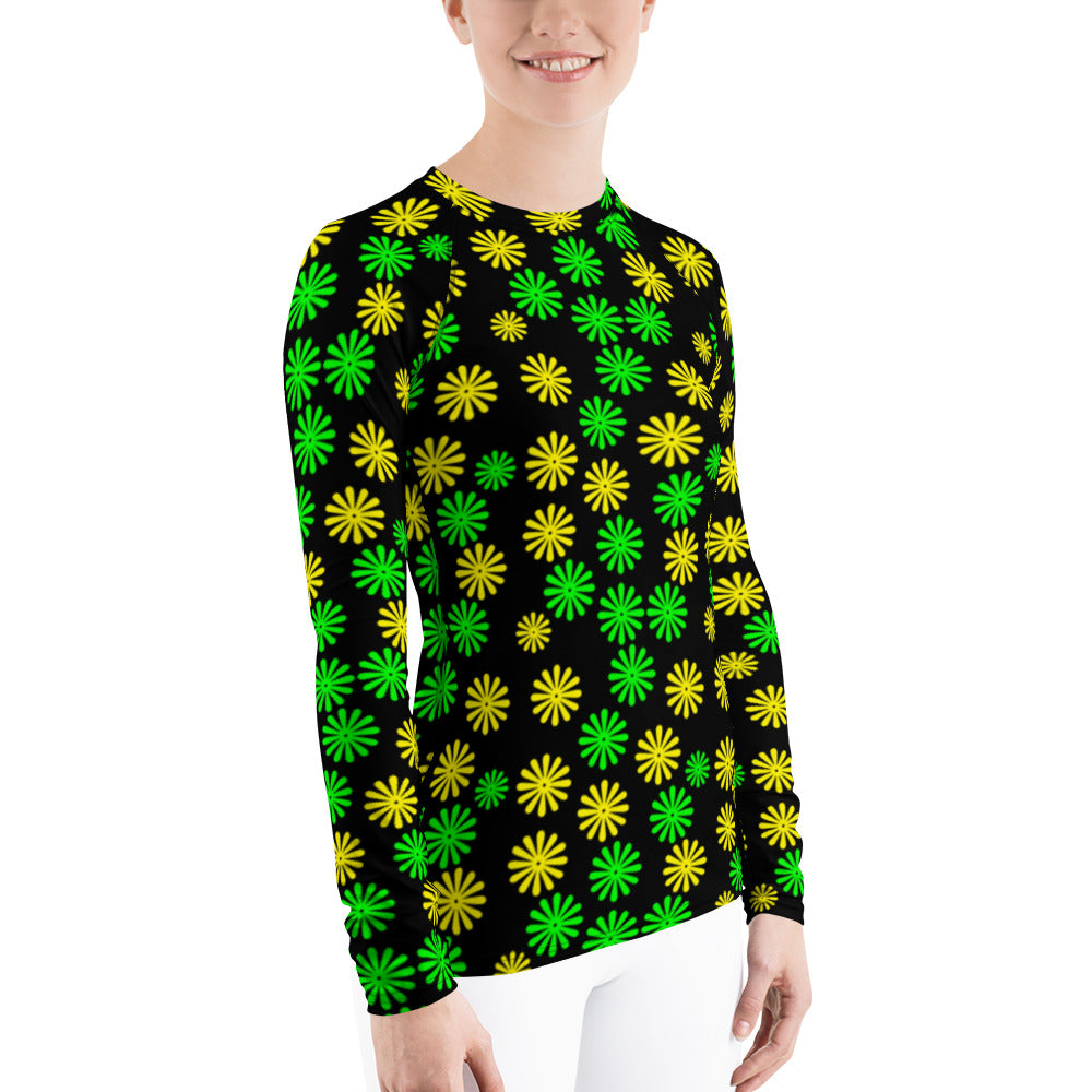 Women's Rash Guard Yellow and Green Flowers - AdeleEmbroidery