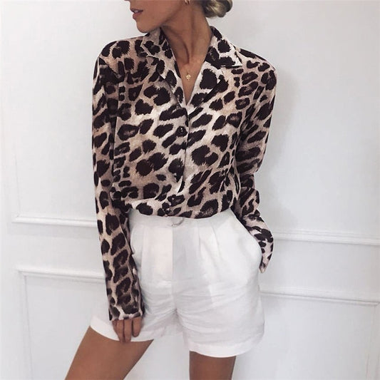 Vintage Blouse Long Sleeve Leopard Print Turn Down Collar Small to Plus Size - AdeleEmbroidery