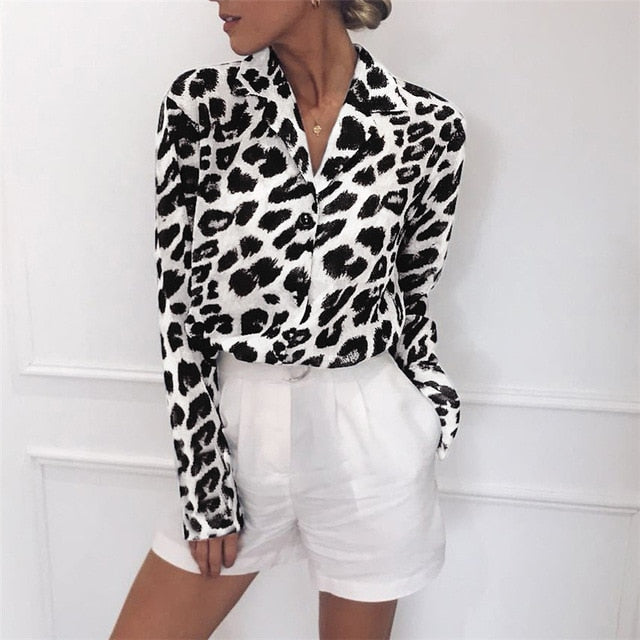 Vintage Blouse Long Sleeve Leopard Print Turn Down Collar Small to Plus Size - AdeleEmbroidery