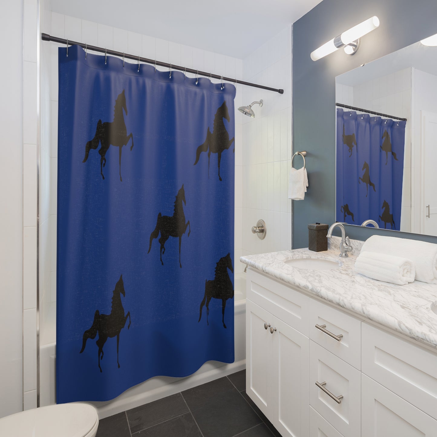 Saddlebred Shower Curtains Blue - AdeleEmbroidery