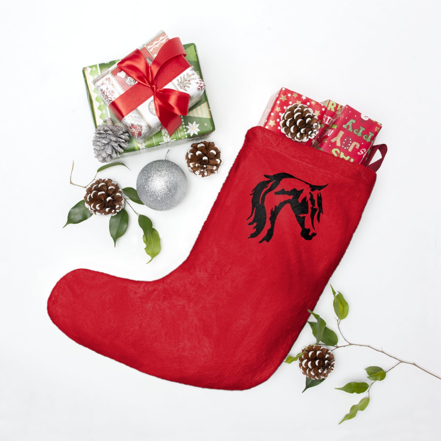 Christmas Stockings Red with Black Arabian Horse - AdeleEmbroidery