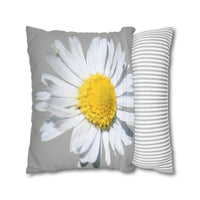 Spun Polyester Square Pillow Case Light Grey with White Daisy - AdeleEmbroidery