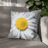 Spun Polyester Square Pillow Case Light Grey with White Daisy - AdeleEmbroidery