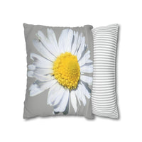 Spun Polyester Square Pillow Case Light Grey with White Daisy - AdeleEmbroidery