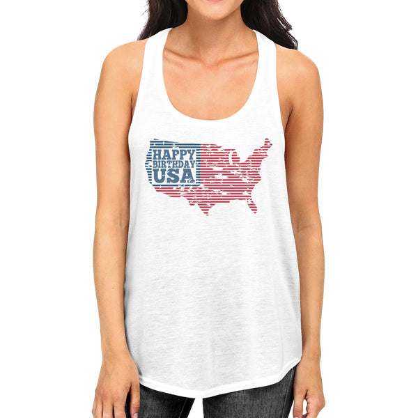 Happy Birthday USA Womens White Sleeveless  Tank - AdeleEmbroidery