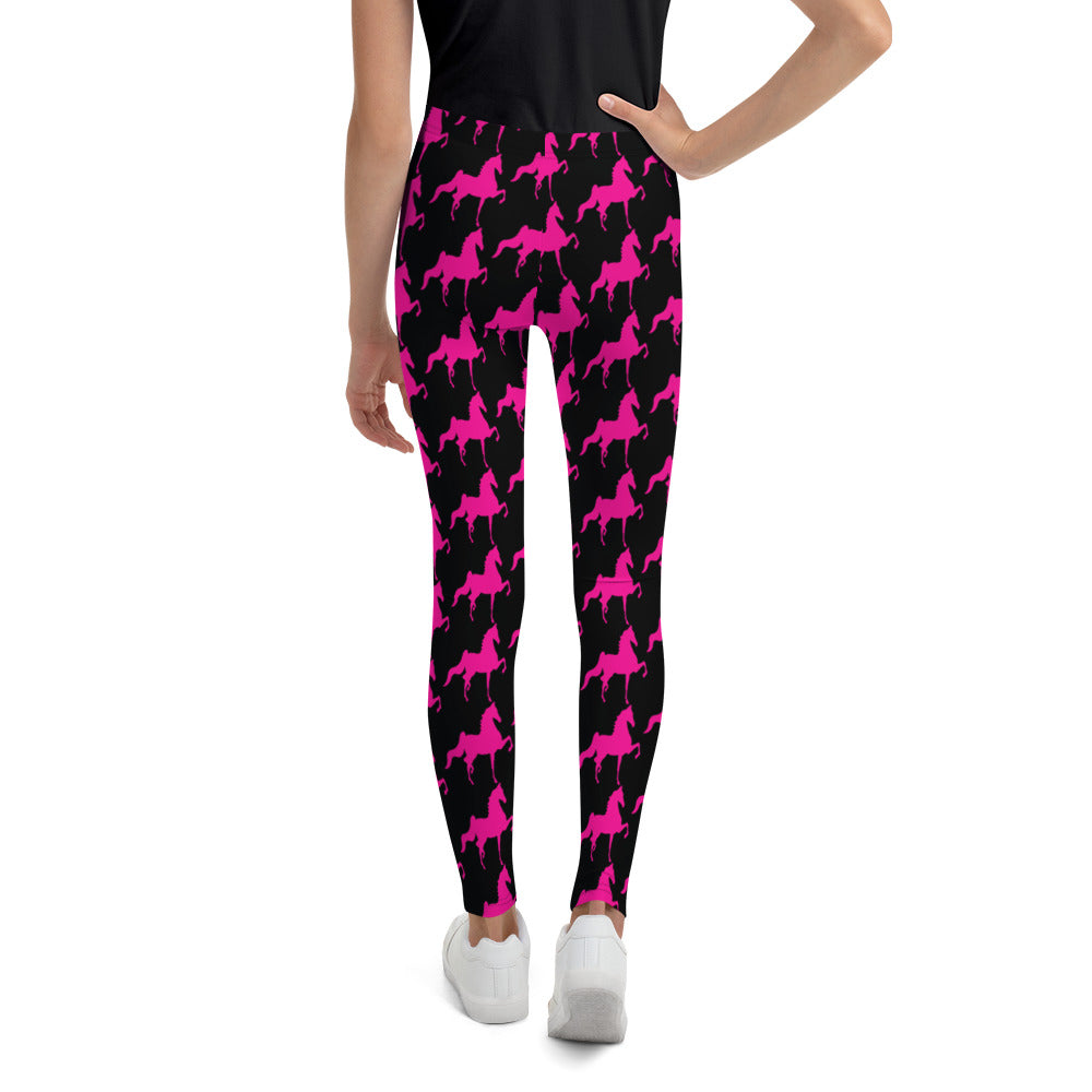 Youth Leggings Black with Pink Saddlebred Print - AdeleEmbroidery