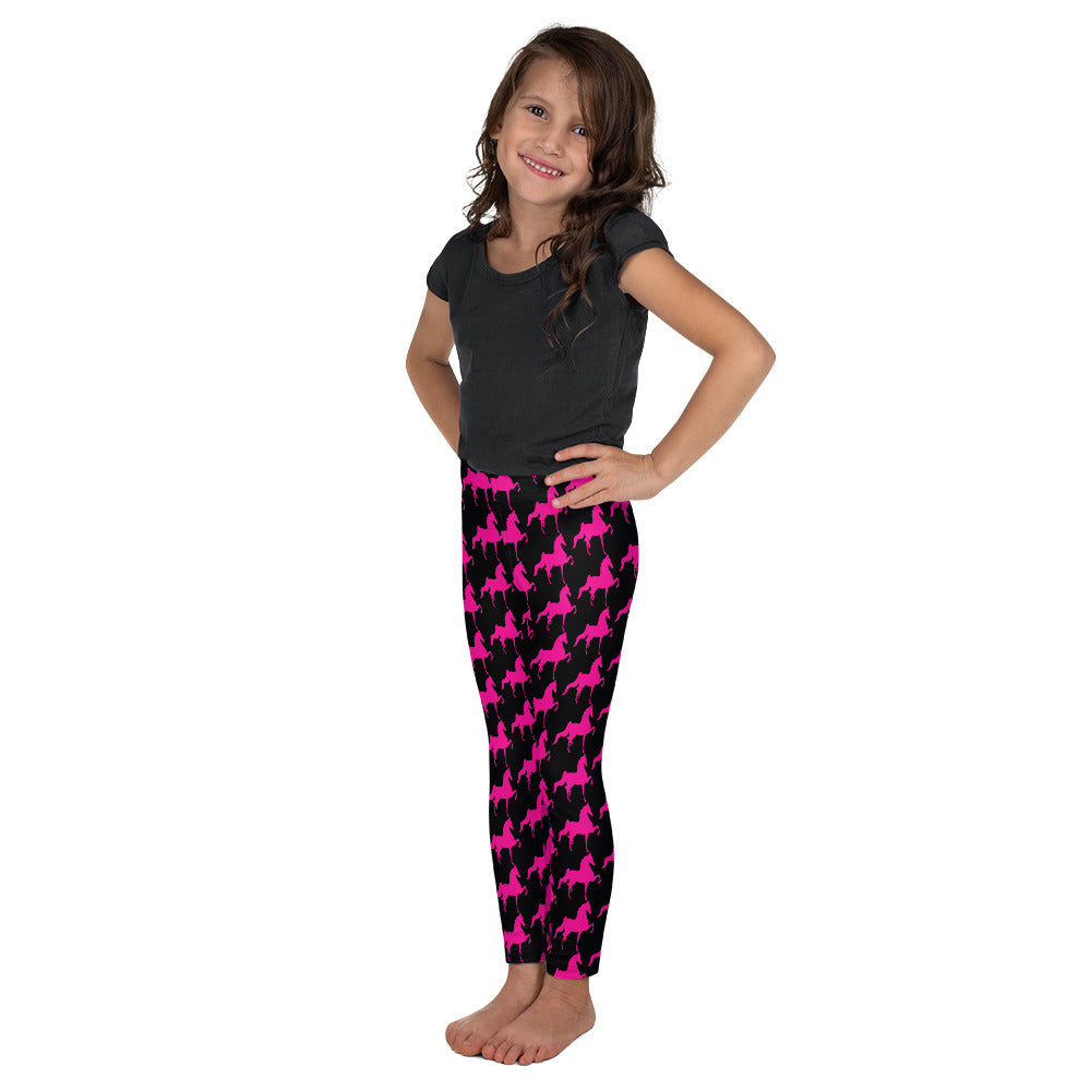 Kid's Leggings Black with Pink Saddlebred Print - AdeleEmbroidery