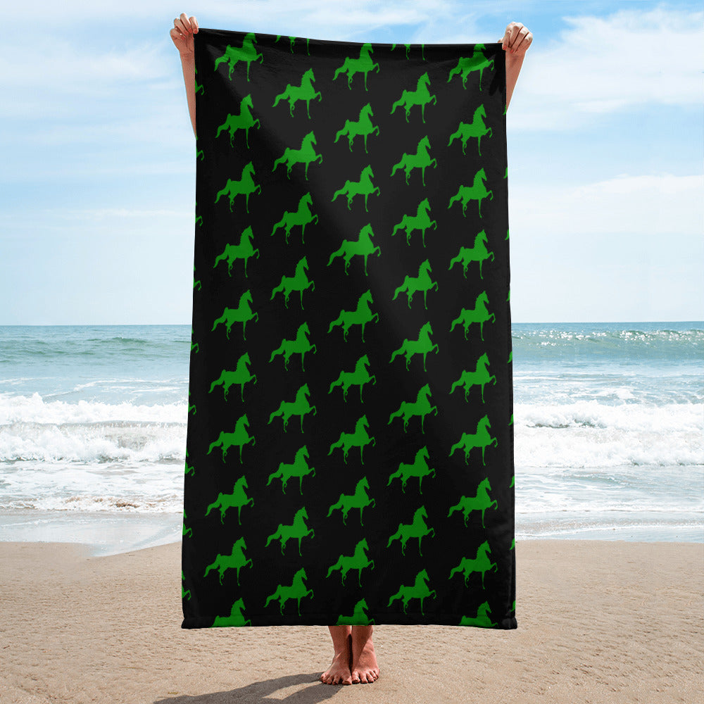 Towel 30"x60" Black with Green Saddlebred Print - AdeleEmbroidery