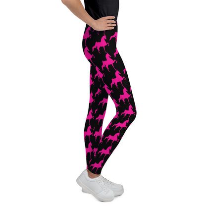 Youth Leggings Black with Pink Saddlebred Print - AdeleEmbroidery