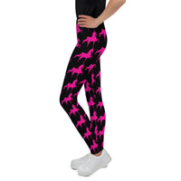 Youth Leggings Black with Pink Saddlebred Print - AdeleEmbroidery