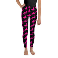 Youth Leggings Black with Pink Saddlebred Print - AdeleEmbroidery