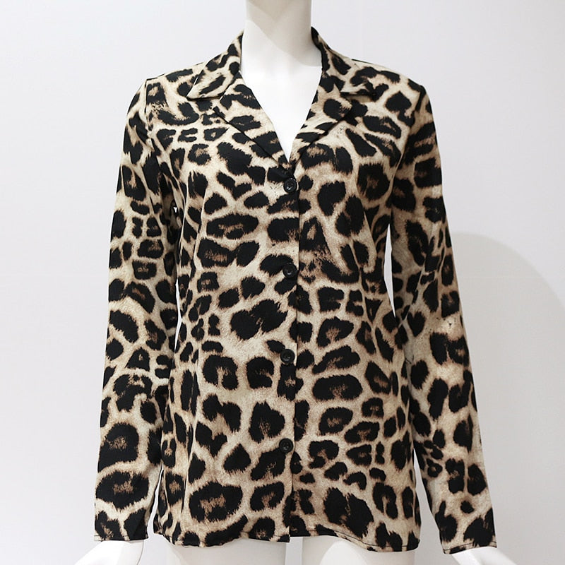 Vintage Blouse Long Sleeve  Leopard Print Turn Down Collar Small to Plus Size - AdeleEmbroidery