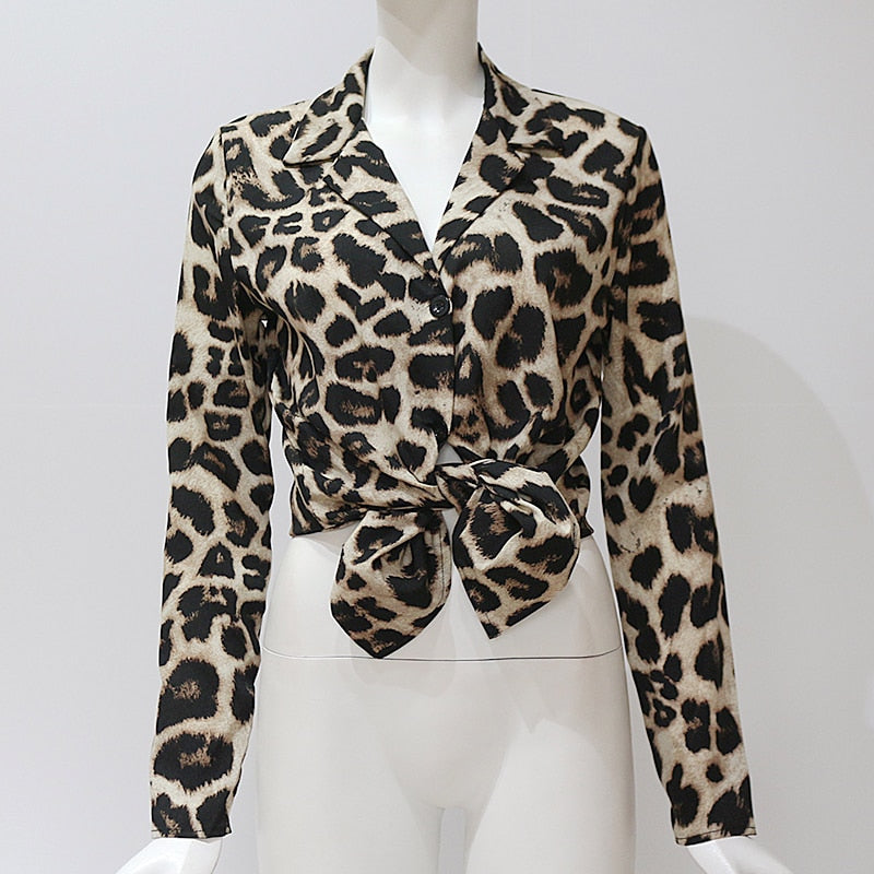 Vintage Blouse Long Sleeve  Leopard Print Turn Down Collar Small to Plus Size - AdeleEmbroidery