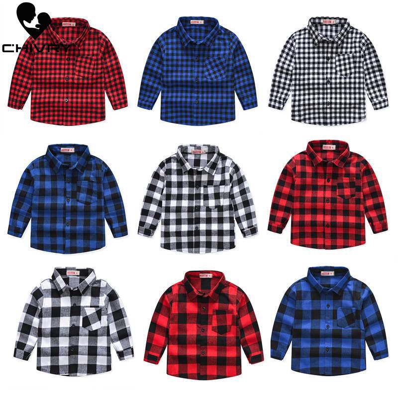 Boys Long Sleeve Classic Plaid Lapel Shirts - AdeleEmbroidery