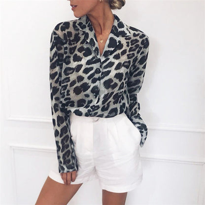 Vintage Blouse Long Sleeve  Leopard Print Turn Down Collar Small to Plus Size - AdeleEmbroidery