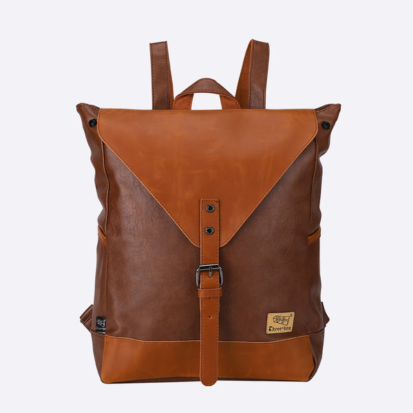 Faux Leather Tan Buckle Front Backpack - AdeleEmbroidery